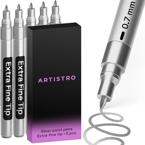ARTISTRO 5 Silver Paint Pen for Glass Marking, Rock Painting, Ceramic, Wood, Tire, Fabric, Metal, Canvas - Set of 5 Acrylic Paint Markers Water-based - Extra-fine Tip