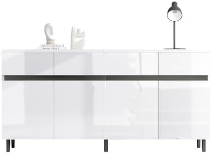 I0I&I0I högblank sideboard med lådor och dörrar – dekorativa möbler mjuka stängningsdörrar och flexibla hyllor för mångsidig användning i alla rum (vit)