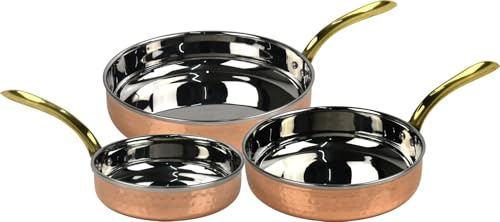 Catergold Frying Pan Copper & Stainless Steel Traditional Hammered Fry Pan Set 3 Piece with Brass Handle (13.5cm, 16cm & 18.5cm)