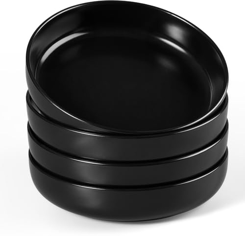HaWare Pasta Bowls Set of 4, 35oz Stoneware Salad Plates for Kitchen,Elegant Matte Glaze Ceramic Plate Bowls for Serving Soup, Chip and Scratch Resistant, Dishwasher & Microwave Safe, Matte Black