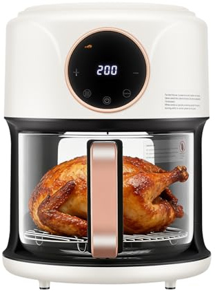 Freidora de aire caliente, 1200 W, 4,2 L, con cuenco de cristal, circulación de aire caliente 360°, 80-200 ℃, 0-60 min, con ventana y LCD, para asar, asar, hornear