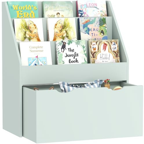 AIYAPLAY Bibliothèque pour Enfants, 62,5L x 30l x 70H cm, Vert | pour Livres et Jouets, Multi-Rangement, 3 Niveaux d'Étagères, Tiroir