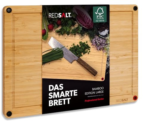 REDSALT® innovatives Bio Bambus Holz Schneidebrett rutschfest | L 42x30x2,5cm groß Holzbrett beidseitig verwendbar tiefe Saftrille FSC zertifiziert premium Schneidbrett Küche Grill Geschenk nachhaltig