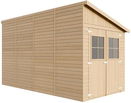 Abri de Jardin en Bois Naturel(avec paroi latérale) Plus Les PLANCHERS IMPRÉGNÉ- Stockage extérieur avec fenêtres- H244x218x416 cm/8 m2- Atelier Rangement Outils et vélos- TIMBELA M340A+M340G