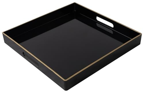 MAONAME Dekoratives Tablett, schwarzes Serviertablett mit Griffen, Couchtisch-Tablett, quadratisches Kunststofftablett für Ottomane, Badezimmer, Küche, 33 x 33 x 4 cm | Moderne Couchtisch Tabletts Kunststoff Tabletts für Ottomane Badezimmer Küche 33cm x 33cm x 4cm