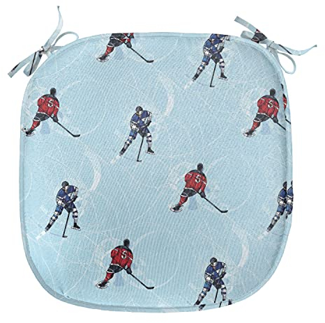 ABAKUHAUS Sport Polster für Esszimmerstühle, Eishockey-Muster Winter-, Dekoratives wasserfestes Kissen mit Riemen für Küchensitze, 40 cm x 40 cm, Blau, Rot, Schwarz