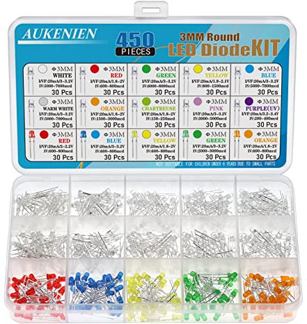AUKENIEN 15 Farben Leuchtdioden 3MM LED Dioden Leuchtdiode Sortiment Kit Rundkopf LED Licht Diffus Dioden Set Rot Blau Gelb Grün Weiß Warmweiß Orange Rosa Lila Chartreuse (30 Stück Jede Farbe)