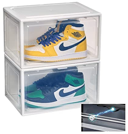 CRELIV Schuhboxen Transparent, 2er Set, Schuhkasten, Stapelbare Schuhorganizer, Schuhkiste, Schuhaufbewahrung mit Magnetischer Seitenöffnung, Aufbewahrungsboxen für Schuhe bis Größe 48 (2 Stück, weiß)