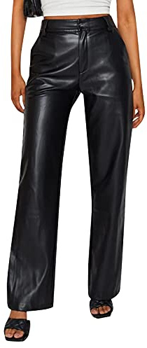 Miolasay Women Faux Leather Leggings Pants High Waist Straight Wide Leg PU Pleather Casual Solid Trousers with Pockets (Black, S)