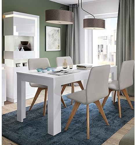 Lomadox Esszimmer Set, Vitrine + ausziehbarer Esstisch (140-180cm), inkl. indirekter Beleuchtung in weiß Hochglanz,