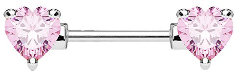Taffstyle Piercing Schmuck Brustwarzenpiercing Brustwarze Intimpiercing Brust Nippel Intim Ohr Ohrpiercing Barbell gerade Hantel Stab mit Herz Glitzer Kristall 16mm Silber Rosa