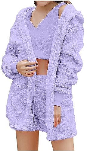 Susenstone Ensemble 3 Pièces Pyjama Femme Hiver en Peluche Vêtements de Maison Décontracté Veste à Capuche Moelleuse Manteau + Short + Gilet Costume Polaire Vêtements de Nuit Chaud Teddy Lounge Wear