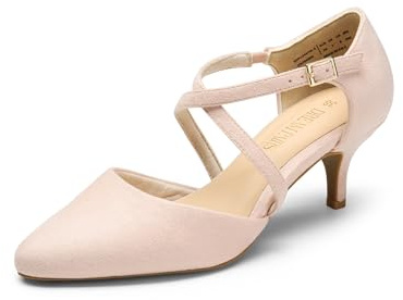 DERAM Pairs Womens Court Shoes Mid Heel Chunky Dress Sandals Pointed Toe Kitten Ladies Ankle Strap Wedding Party Pumps SDPU2437W-E,Size 6,Pink,SDPU2437W-E