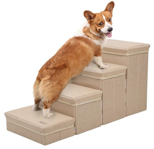 Haustiertreppe Hundetreppe 4 Stufen - Abnehmbare Haustierleiter Tragbar Haustiertreppe Mit Stauraum, Katzentreppe Hunderampe Für Sofa, Faltbare,rutschfeste Haustiertreppe Für Hunde Und Katzen