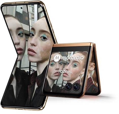 Motorola razr40 Ultra (Flip-Phone, 6,9/3,6-FHD+-Display, 32-MP-Frontkamera, 8/256 GB, 3800 mAh, Android 13) Peach Fuzz, inkl. Schutzcover + KFZ-Adapter [Exklusiv bei Amazon]