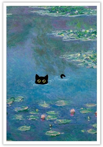 NONPAI Monet Postrt berühmte schwarze Katze, Vintage-Seerosen, ästhetische Leinwand, Wandkunst, Blumen, Landschaftsdrucke, Gemälde, rustikale Galerie, Wanddekoration, Bild für Schlafzimmer, 40,6 x 61