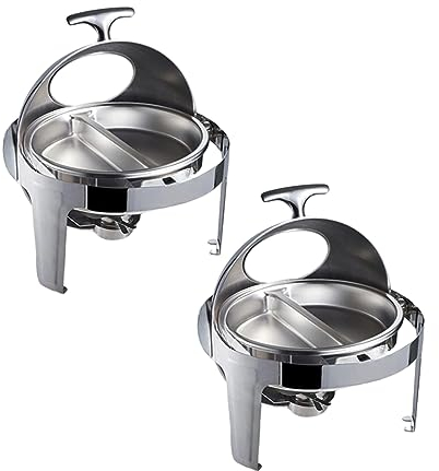 Chafing Dish Buffet Set Round Dining Warm Server Roll Top Hot Pot Buffet Set Five-Piece Set with Water and Food Dish Alcohol Stove Holder for Part/Birthdays,two