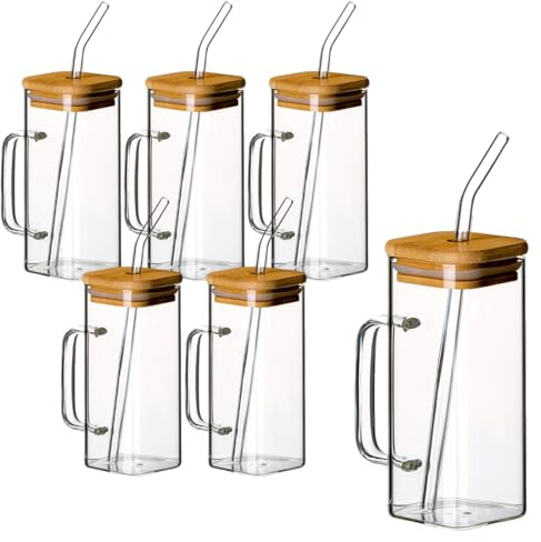gouveo 6er Set Trinkgläser mit Henkel 350 ml (0,35 l) Trinkgläser 350 ml mit Henkel, Deckel und Strohhalm Bambusdeckel mit Strohhalm-Öffnung eckiges Dosen-Design für Kalt- & Heißgetränke (TGE350HT)