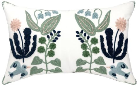 Alysheer Floral Embroidered Summer Lumbar Decorative Throw Pillow Cover 12x 20, Farmhouse Cottage Navy Blue Green Flowers Leaves Patterned Cotton Canvas Cushion Case for Sofa Couch Bed Living Room