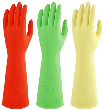 ZCXCsfp 3 Pairs Rubber Household Gloves, 38cm Long Large Heavy Duty Hand Rubber Gloves Reusable Cleaning Gloves Waterproof Wash Dishwash Gloves for Kitchen, Bathroom, Dishwashing, Laundry, Car (XL)