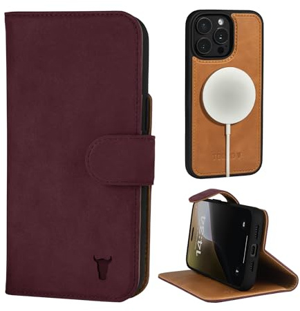 TORRO Nubuck Leather Case Compatible with iPhone 15 Pro Max – Leather Bumper Case with Magnetically Detachable Wallet Cover with Kickstand (Compatible with Official MagSafe Chargers) - Maroon