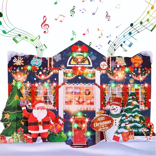 WUJUN Musik-Weihnachtskarte, 3D-Weihnachts-Pop-Up-Karte, spielt 3 Weihnachtsmelodien mit passenden blinkenden Lichtern, Grußkarte, Weihnachtshaus (Blaues Haus)