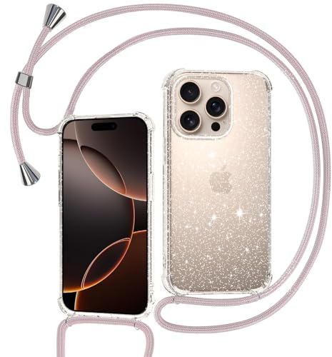 Tikgue Handyband für iPhone 16 Pro Hülle mit Band, Handyhülle mit Kordel zum Umhängen Schutzhülle mit Kette Glitzer Transparent Weich TPU Silikon Bumper - Roségold