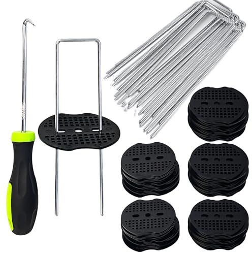ANSIO Weed Membrane Pegs 100 Pack 6 Inch with Buffer Washers & Pick Hook Garden Pegs Ground Pegs Weed Control Membrane Pegs Pins Garden Staples Ideal for Weed Fabric, Artificial Grass, Matting,Netting