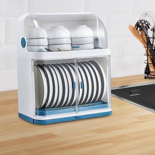 MIDUOLAI Scolapiatti con Coperchio, Porta Piatti E Bicchieri in Plastica A 2 Ripiani, Portautensili con Scolapiatti Rimovibile, Scatola Portaoggetti per Piatti,Blu