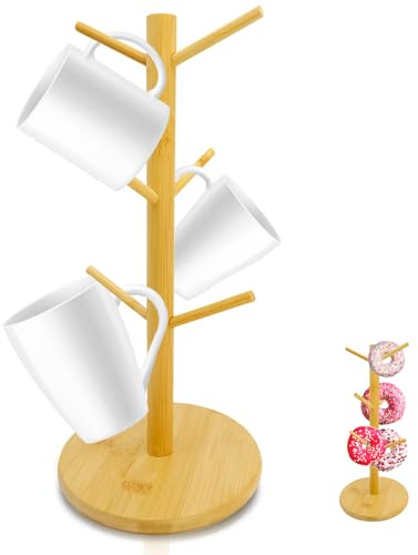 Mritrit Natürlich Tassenständer Hölzerne, Tassenhalter Baum mit 6 Detachable Hooks, Tassenhänger Regal, Holz Kaffeebecherhalter, Ständer für Espressotassen, Tassen Organizer für Küche Große Tassen