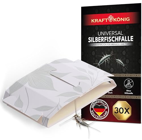 KRAFTKÖNIG Premium Silberfischfalle - Maxi Pack 30x Silberfische bekämpfen - Papierfische bekämpfen - Klebefalle gegen Silberfische - Alternative zu Silberfisch Köderdose und Silberfisch Spray