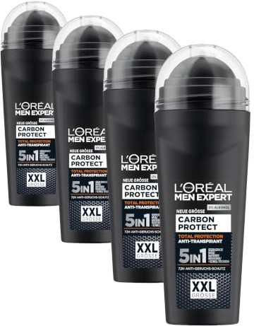 L'Oréal Men Expert XXL 5in1 Deoroller für Männer, Deo Roll-On gegen starken Schweißgeruch, Schwitzen, Achselnässe und weiße Rückstände, Herren 48H Deodorant ohne Alkohol, Carbon Protect, 1 x 100 ml