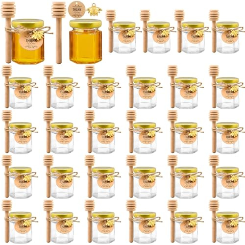 YFNVH 50 Stück Kleine Honiggläser 45ml, Mini Marmeladengläser mit Deckel | Mini Leer Marmeladengläser mit Deckel Honigglas, Bienen Anhänger, Honiggläser klein, Honigglas mit Honiglöffel