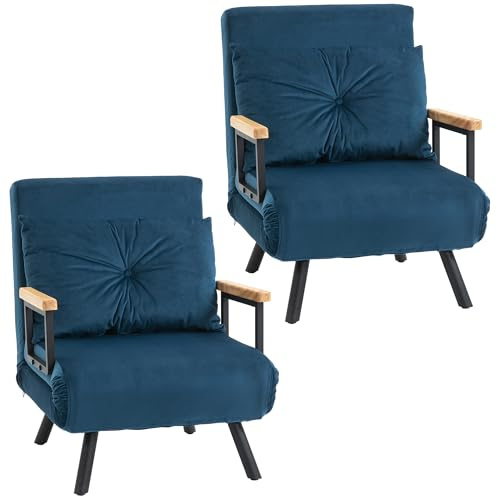 HOMCOM Pack de 2 Sofás Cama de 1 Plaza Plegables Oficina 63x73x81 cm Azul