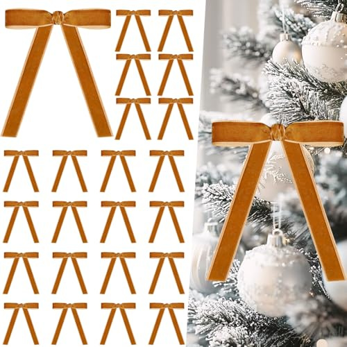 Miaikoe 24 Pcs Velours arcs pour Arbre Rustique Velours Ornements de Noël arcs rustiques pour Porte Guirlande Couronne Cadeau décoration de fête (Largeur de 2.5cm, Chameau)