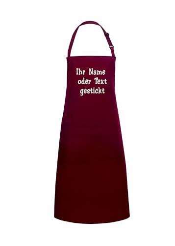 Schürze bestickt mit Wunschtext, Schürze für Damen und Herren personalisiert (Bordeaux, 100 x 100 cm, mit Tasche)