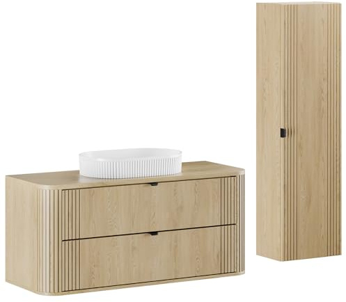 Lomadox BBadmöbel-Set 2-teilig Waschtisch 120 cm mit Keramik Aufsatzwaschbecken und Hochschrank in Eiche, gerillt, Softclose, Metallgriffe, abgerundete Kanten