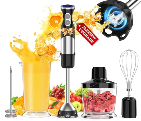 Immersion Blender Handheld 5 in 1-1100W Scratch Resistant Blender Stick, 12 Speed and Turbo Boost Hand Blender with Chopper Beaker Whisk and Milk Frother for Milkshake Puree Smoothie Food