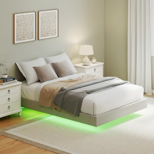 HOMCOM Cadre de lit Flottant 140 x 190 cm avec éclairage LED en Lin Beige