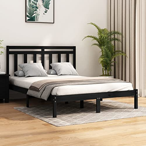Mandloder Massivholzbett Schwarz 140x190 cm, Kiefernholz Bettrahmen mit Kopfteil, Robustes Holzbett für Schlafzimmer, stabiles Design, einfache Montage