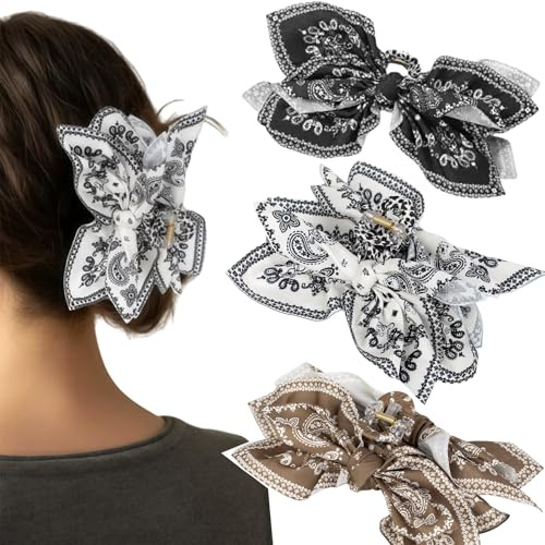 OuryTech Pince à cheveux, Lot de 3 pinces à griffes et pinces à cheveux, Grandes pinces en chiffon avec design cachemire, Accessoires capillaires bohèmes pour cheveux épais