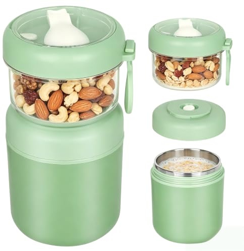 JASTOO Taza de acero inoxidable para cereales, 2 en 1, de 530 ml y 330 ml, portátil, a prueba de derrames, de acero inoxidable, para snacks, ensalada para niños y adultos en viaje (verde)