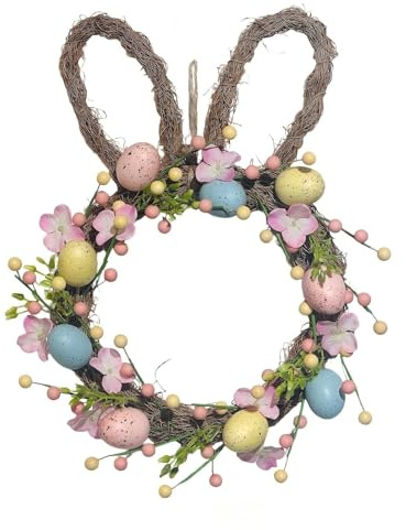 Osterkranz Hasenohren für Haustür, Künstlicher Ostereier Kranz Bunt, Türkranz Frühling Osterdeko mit Pastell Eiern & Blumen, Wandkranz Dekokranz für Innen Außen Wand Fenster (35cm)