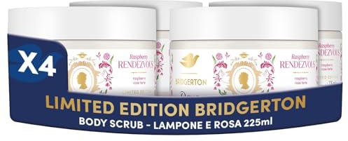 Dove Scrub Corpo Bridgerton Raspberry Rendezvous, Limited Edition, con Detergenti a Base Vegetale e ¼ di Crema Idratante, Note di Lampone e Vaniglia, Senza Solfati, 4 Confezioni da 225 ml