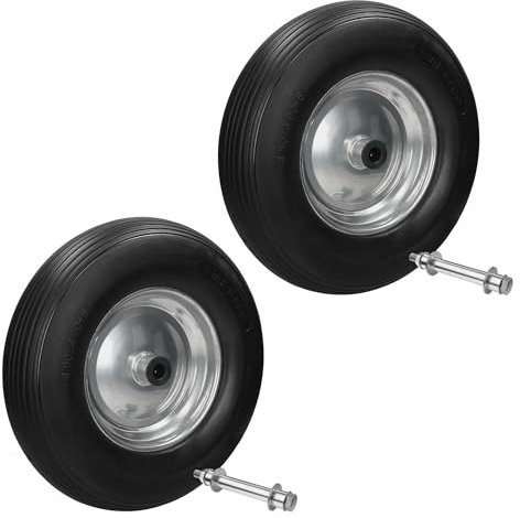 ECD Germany 2 x Ruota Carriola in Gomma Piena PU Antiforatura con Asse Pneumatici Cerchione in Acciaio 4.80/4.00-8 Diametro 390 mm Nero Ruota Ricambio Ruota in Gomma Ruota per Carriola Carico 200Kg