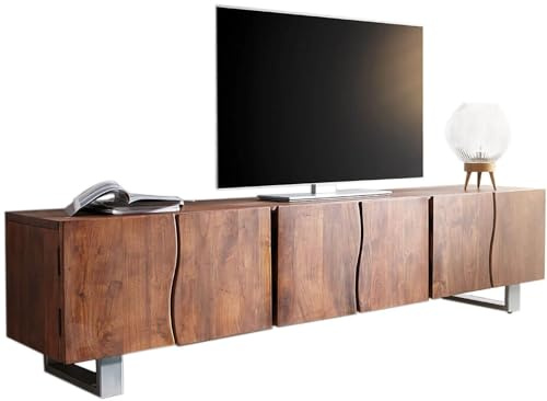 DELIFE Fernsehtisch Live-Edge Akazie Braun 220 cm 6 Türen Massivholz Baumkante Lowboard