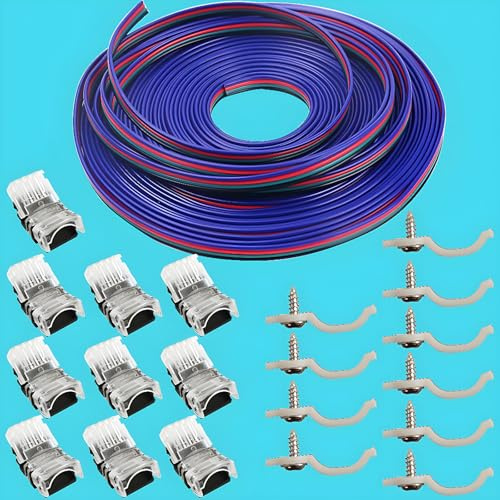 10er-Pack 4-poliger LED-Steckverbinder für wasserdichte 10-mm-RGB-5050-LED-Lichtleisten, Strip-to-Wire-Schnellverbindung ohne Abisolieren, 4-poligen Verlängerungskabels mit 16,4 Fuß (22 Gauge)