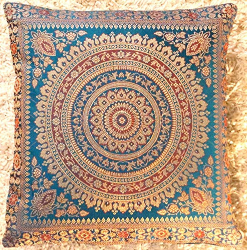 Ruwado Türkis Grün Handgewebt und Handgefertigt Indische Banarasi Seide Dekokissen, Kissenüberzug, Kissenhülle, Kissenbezug, Zierkissenbezug - Mandala Muster 40 x 40 cm | 16 x 16 Zoll