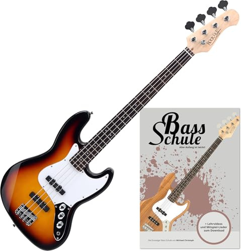 Rocktile Fatboy II SB E-Bass Sunburst Set inkl. Schule, Jazz-Style E-Bass | 2 Single Coil Tonabnehmer, 2 Volume-/1 Toneregler, Korpus: Linde, Hals: Ahorn (unbehandelt), Griffbrett: Palisander, 21 Bünde