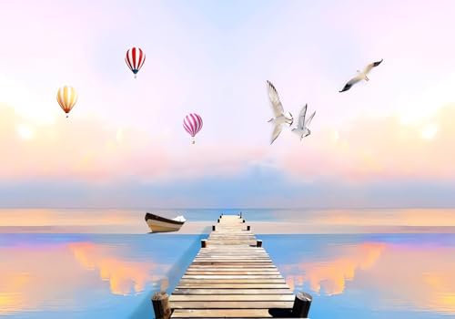 Wesmilewallpaper Papier Peint Panoramique 3D Paysage Marin Pont En Bois Bateau En Bois Mouette Paysages Naturels Papiers Peints Intissé Poster Mural Tapisserie Murales 400x280cm